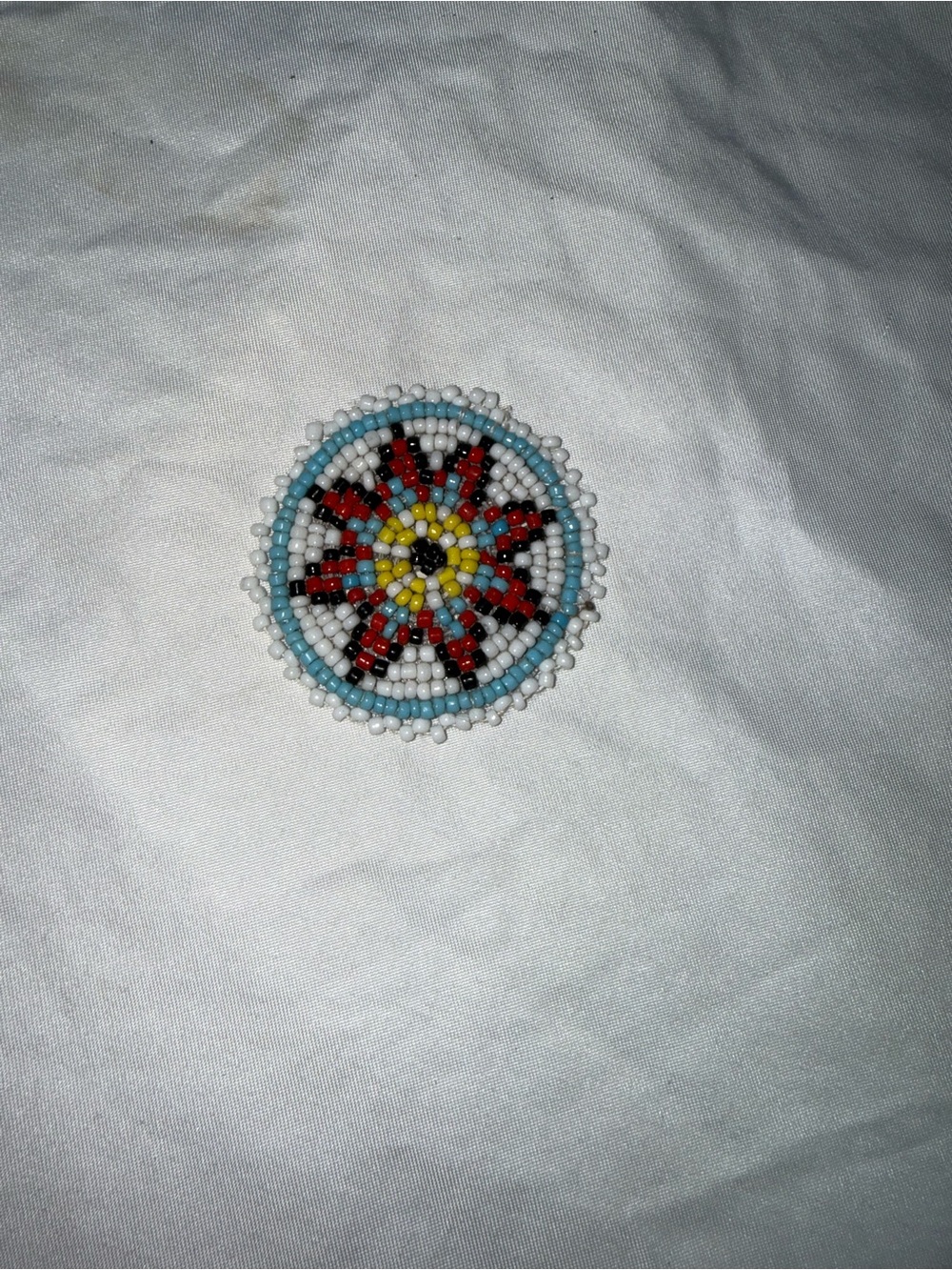 Handmade Beaded Floral Motif Round Pin - Turquoise, Red, Yellow, Black, White